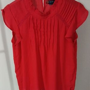 Red Pleated Blouse with Cap Sleeves and Bib Collar